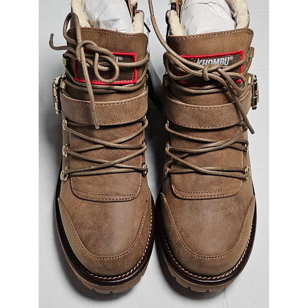 Khombu Waterproof Lace Up Boots Mocha Faux Leather Fur Lined Gold Buckle Size 7M
